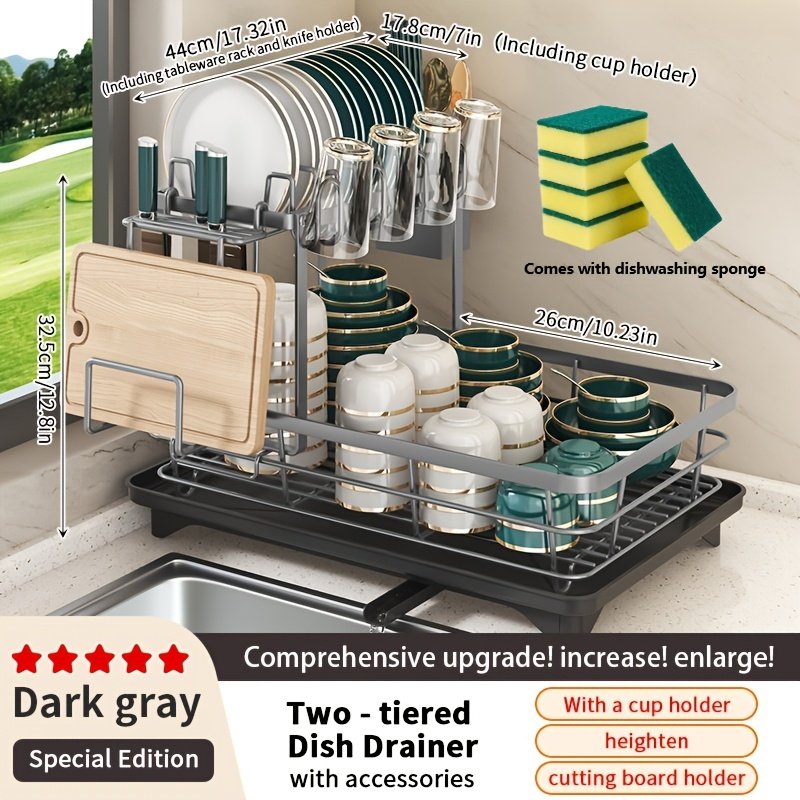 2-Tier Metal Dish Drying Rack, Suitable for Types of Countertops.